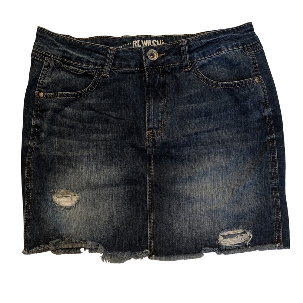 Rewash Vintage Reunion‎ Junior 9 Dark Wash Distressed Denim Mini Skirt Raw Hem